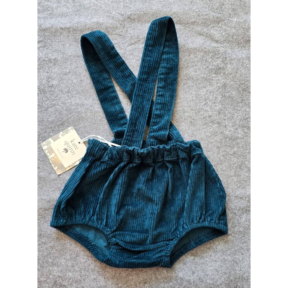 NWT Kate Quinn Teal Corduroy Organic Cotton Suspender Bubble Bloomers 18-24m